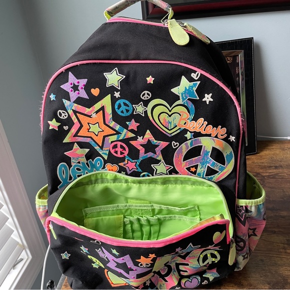 Girls Backpack from Justice- fluorescent stars heart design - worn - Picture 3 of 9